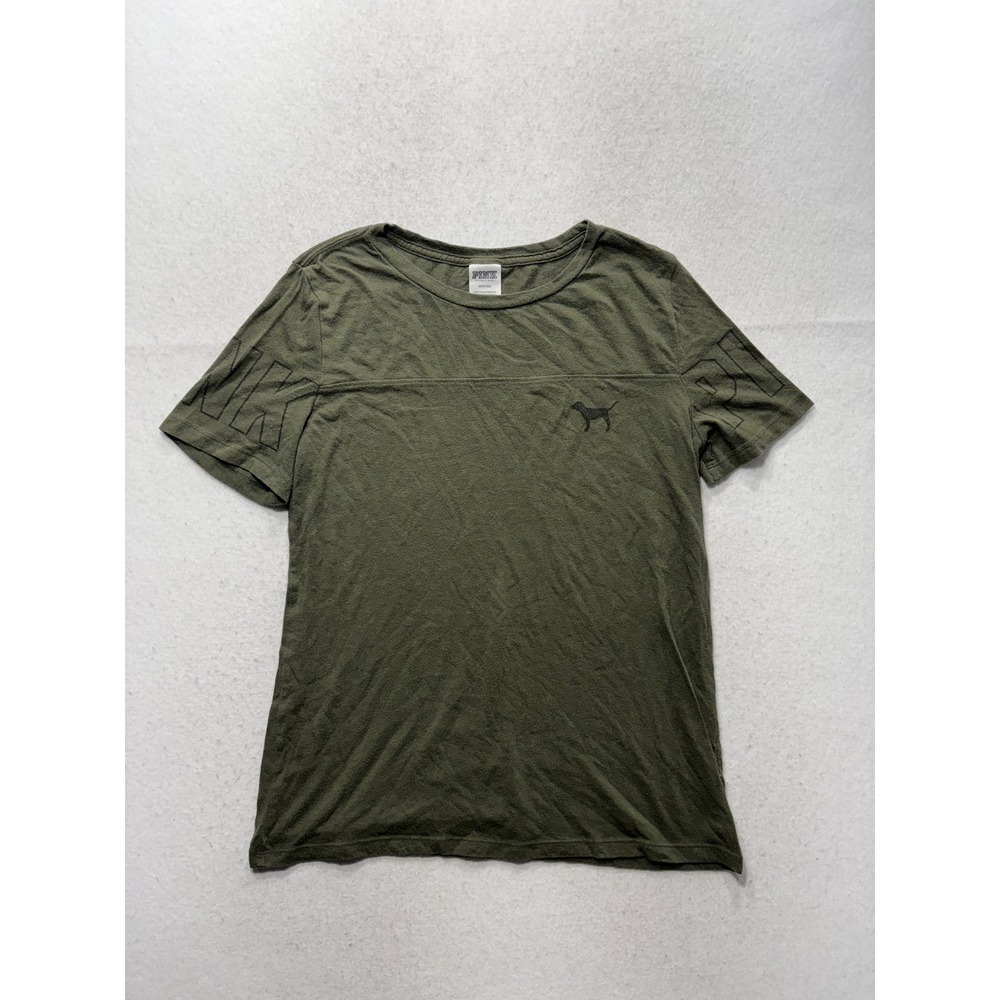 PINK Victoria's Secret Shirt Womens Medium Green Crew Neck Dog Logo Tee Casual
